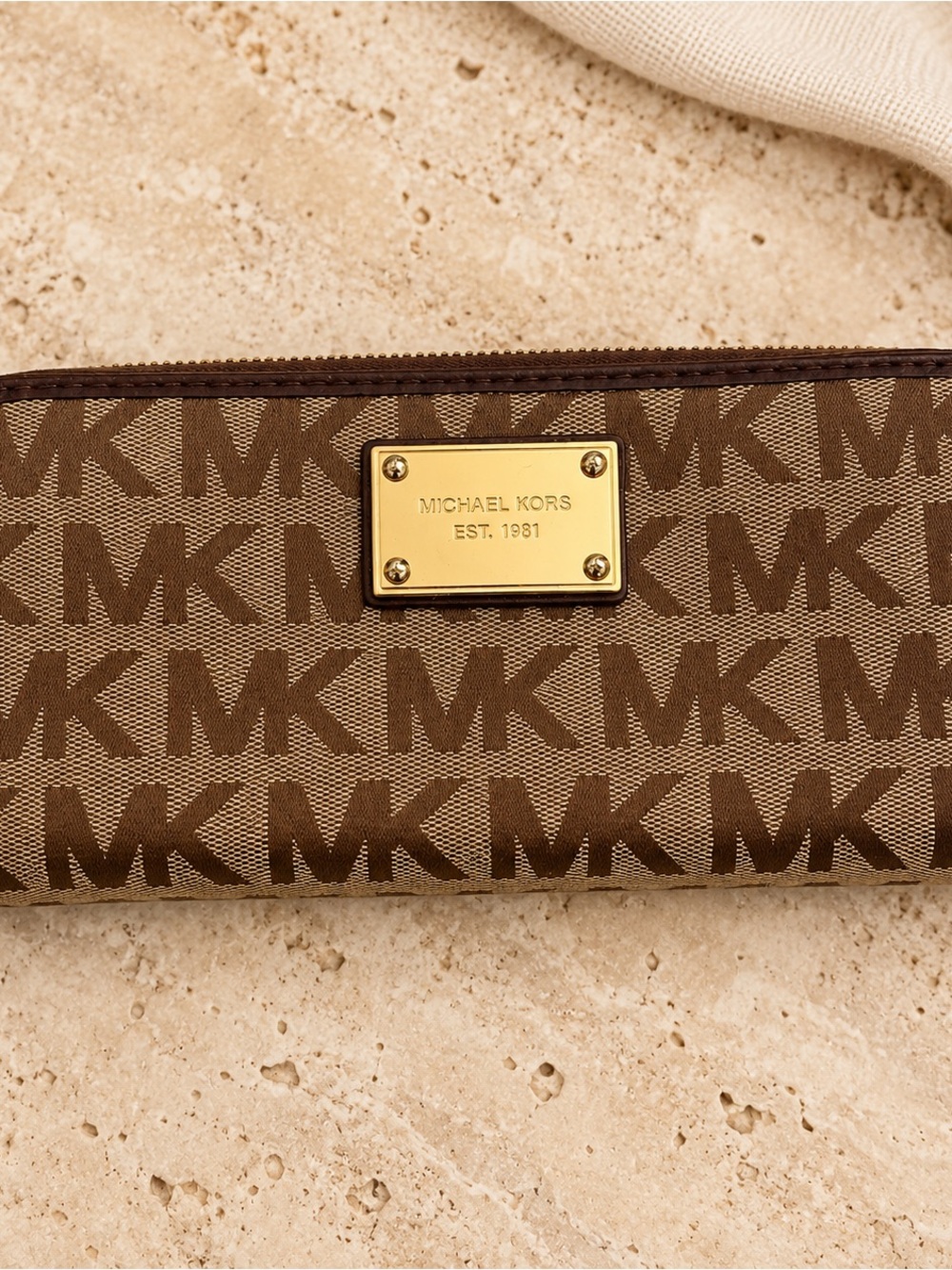 Michael Kors Brown MK Logo Zip Wallet with Gold Plaque